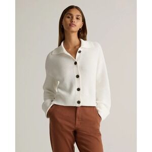 Quince 100% Organic Cotton Fisherman Collared Cardigan Sweater Ivory SMALL